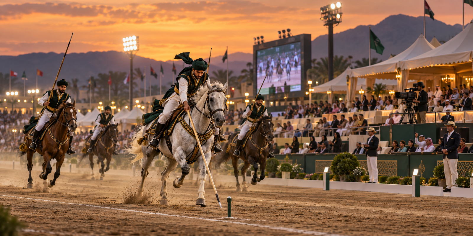 Tent pegging riders competing in a professionally broadcast arena